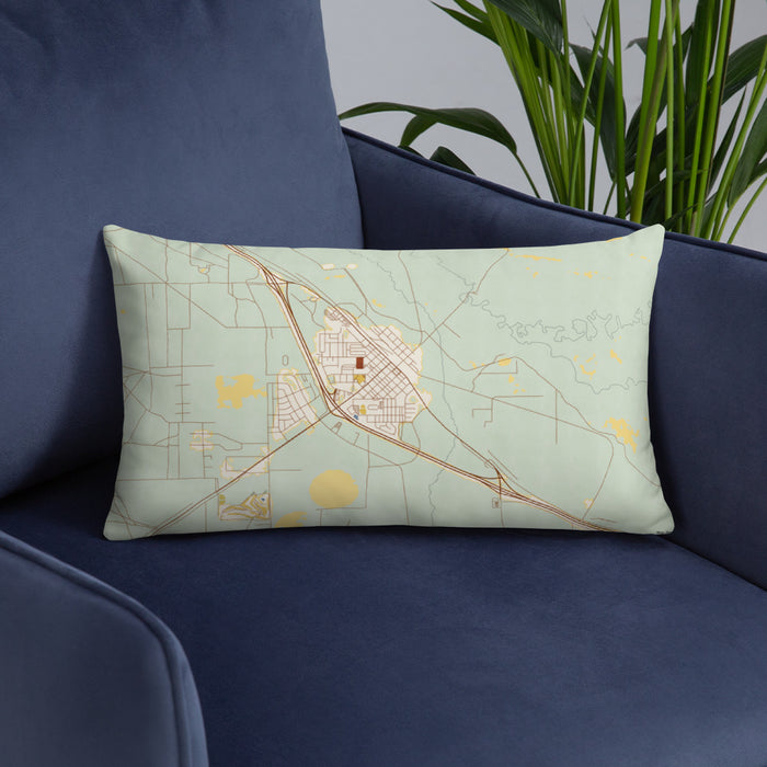 Custom Battle Mountain Nevada Map Throw Pillow in Woodblock on Blue Colored Chair