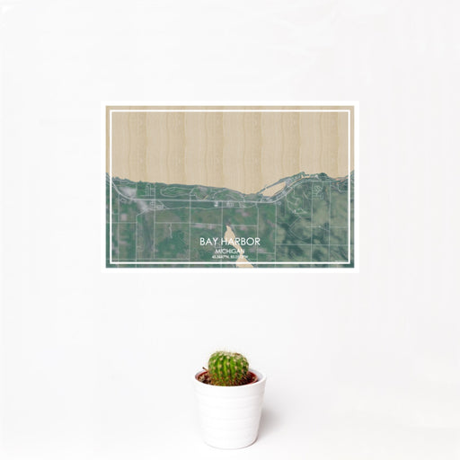 12x18 Bay Harbor Michigan Map Print Landscape Orientation in Afternoon Style With Small Cactus Plant in White Planter
