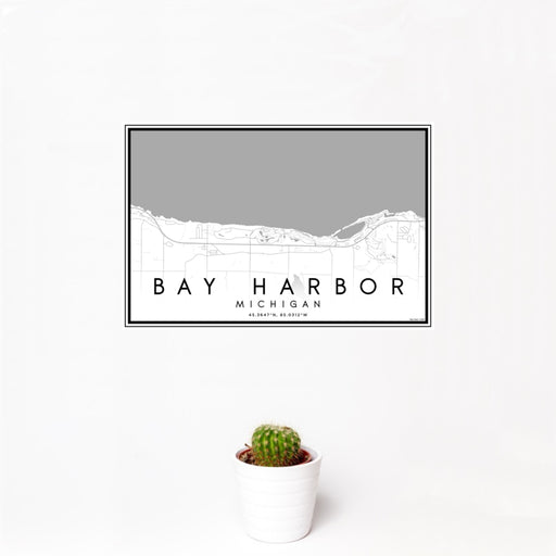 12x18 Bay Harbor Michigan Map Print Landscape Orientation in Classic Style With Small Cactus Plant in White Planter