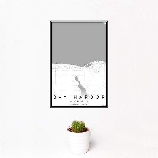 12x18 Bay Harbor Michigan Map Print Portrait Orientation in Classic Style With Small Cactus Plant in White Planter