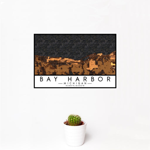 12x18 Bay Harbor Michigan Map Print Landscape Orientation in Ember Style With Small Cactus Plant in White Planter