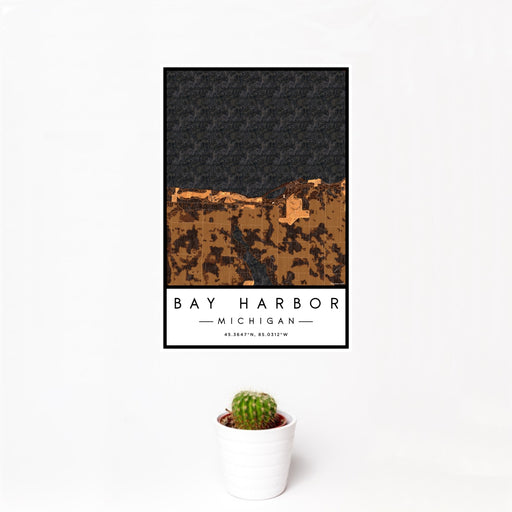 12x18 Bay Harbor Michigan Map Print Portrait Orientation in Ember Style With Small Cactus Plant in White Planter