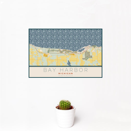 12x18 Bay Harbor Michigan Map Print Landscape Orientation in Woodblock Style With Small Cactus Plant in White Planter