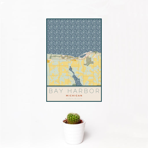 12x18 Bay Harbor Michigan Map Print Portrait Orientation in Woodblock Style With Small Cactus Plant in White Planter