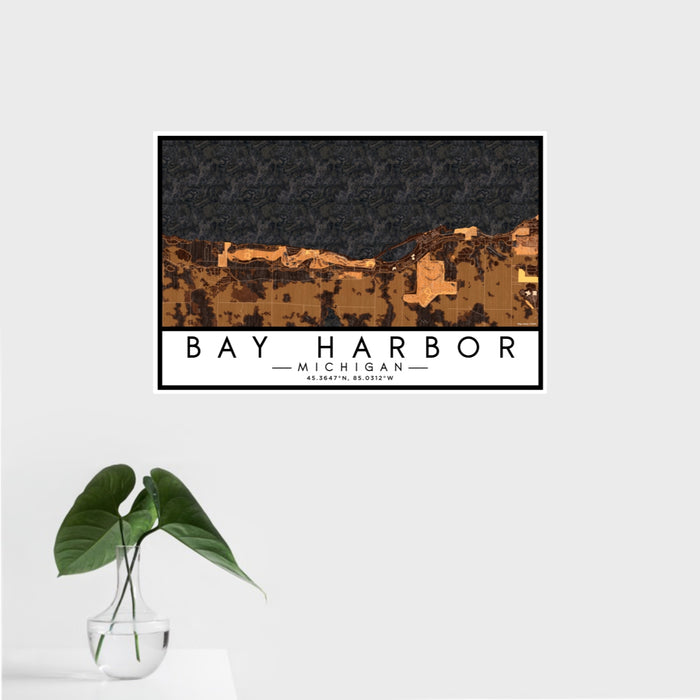 16x24 Bay Harbor Michigan Map Print Landscape Orientation in Ember Style With Tropical Plant Leaves in Water