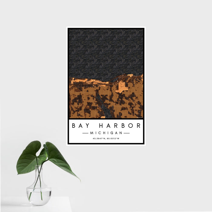 16x24 Bay Harbor Michigan Map Print Portrait Orientation in Ember Style With Tropical Plant Leaves in Water