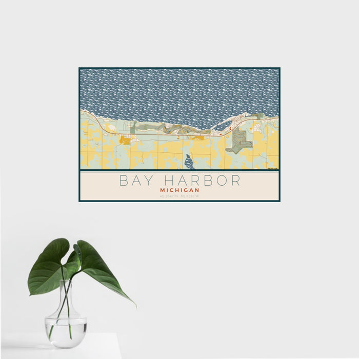 16x24 Bay Harbor Michigan Map Print Landscape Orientation in Woodblock Style With Tropical Plant Leaves in Water