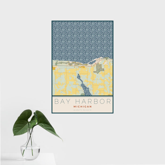 16x24 Bay Harbor Michigan Map Print Portrait Orientation in Woodblock Style With Tropical Plant Leaves in Water