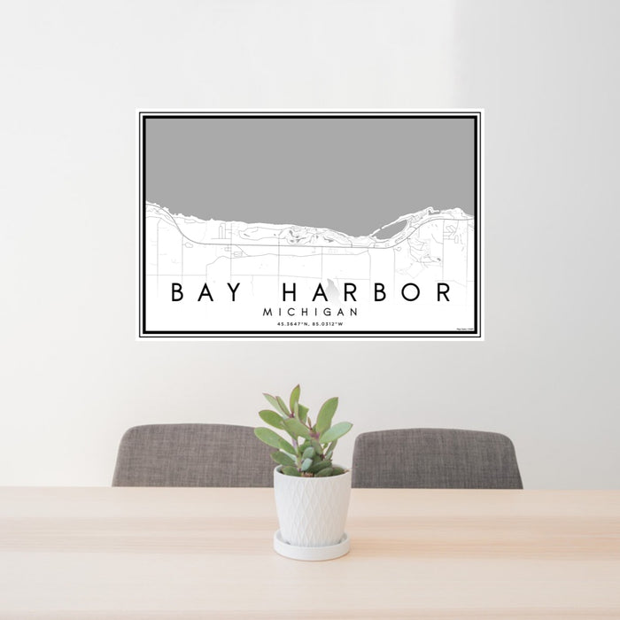 24x36 Bay Harbor Michigan Map Print Lanscape Orientation in Classic Style Behind 2 Chairs Table and Potted Plant