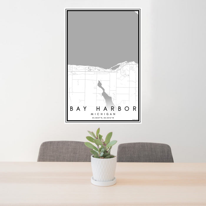 24x36 Bay Harbor Michigan Map Print Portrait Orientation in Classic Style Behind 2 Chairs Table and Potted Plant
