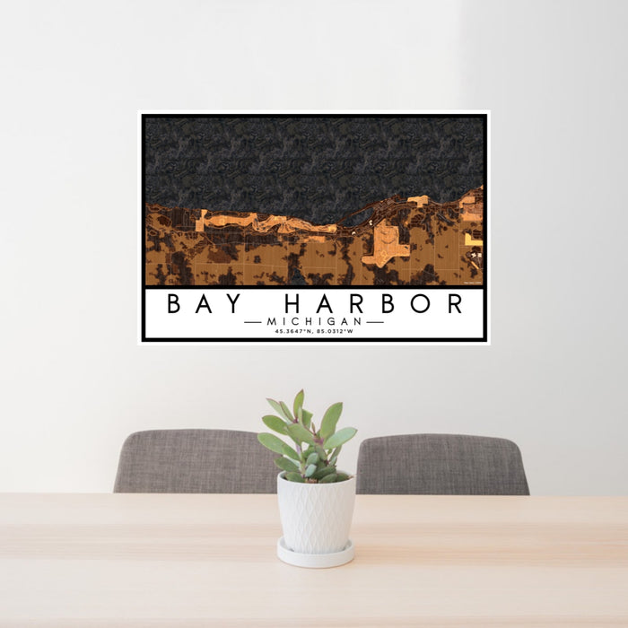 24x36 Bay Harbor Michigan Map Print Lanscape Orientation in Ember Style Behind 2 Chairs Table and Potted Plant