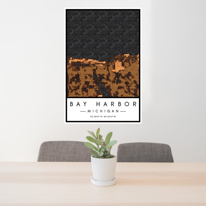 24x36 Bay Harbor Michigan Map Print Portrait Orientation in Ember Style Behind 2 Chairs Table and Potted Plant