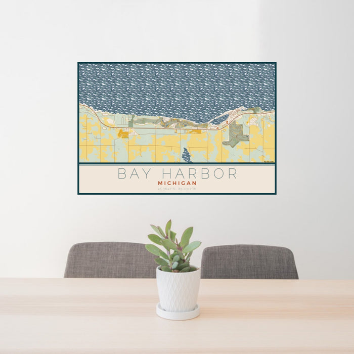 24x36 Bay Harbor Michigan Map Print Lanscape Orientation in Woodblock Style Behind 2 Chairs Table and Potted Plant