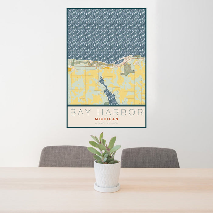 24x36 Bay Harbor Michigan Map Print Portrait Orientation in Woodblock Style Behind 2 Chairs Table and Potted Plant