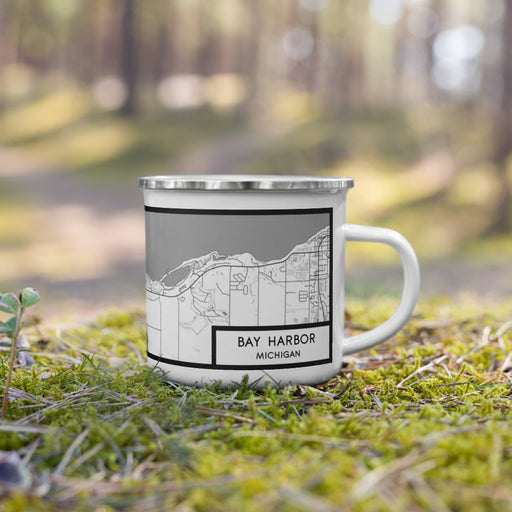 Right View Custom Bay Harbor Michigan Map Enamel Mug in Classic on Grass With Trees in Background