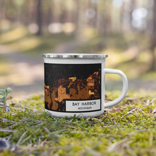 Right View Custom Bay Harbor Michigan Map Enamel Mug in Ember on Grass With Trees in Background