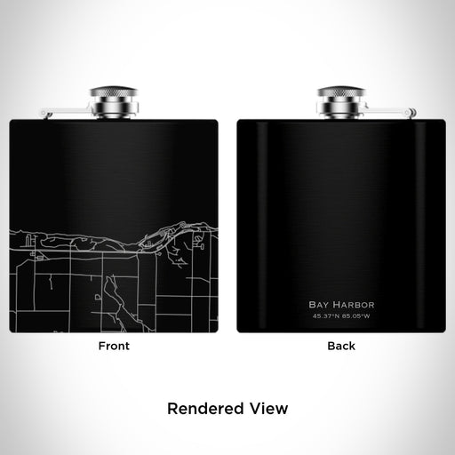 Rendered View of Bay Harbor Michigan Map Engraving on 6oz Stainless Steel Flask in Black