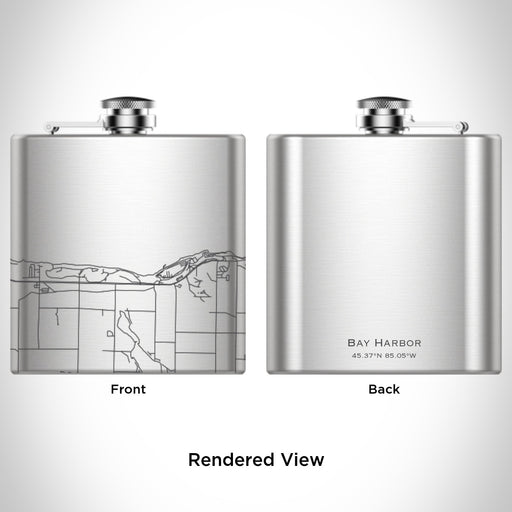 Rendered View of Bay Harbor Michigan Map Engraving on 6oz Stainless Steel Flask