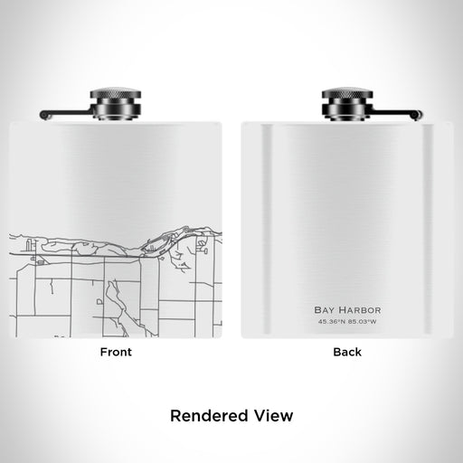 Rendered View of Bay Harbor Michigan Map Engraving on 6oz Stainless Steel Flask in White