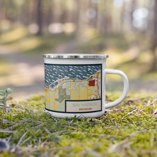 Right View Custom Bay Harbor Michigan Map Enamel Mug in Woodblock on Grass With Trees in Background
