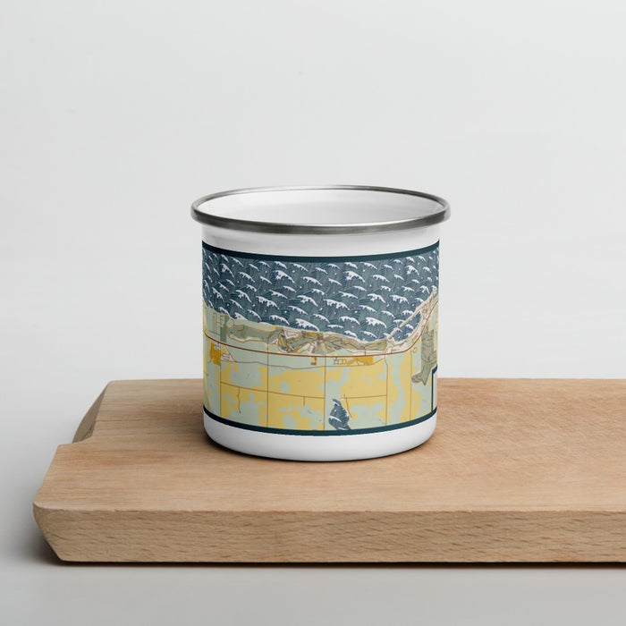 Front View Custom Bay Harbor Michigan Map Enamel Mug in Woodblock on Cutting Board