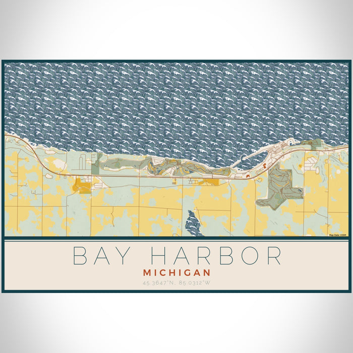 Bay Harbor Michigan Map Print Landscape Orientation in Woodblock Style With Shaded Background
