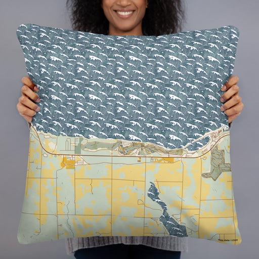 Person holding 22x22 Custom Bay Harbor Michigan Map Throw Pillow in Woodblock