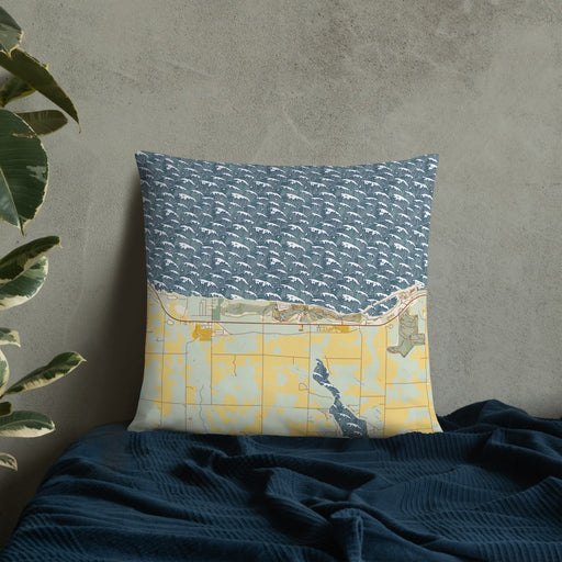 Custom Bay Harbor Michigan Map Throw Pillow in Woodblock on Bedding Against Wall