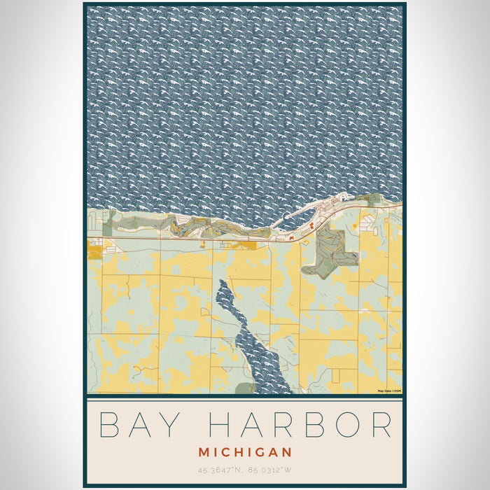 Bay Harbor Michigan Map Print Portrait Orientation in Woodblock Style With Shaded Background