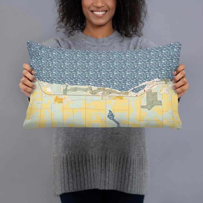 Person holding 20x12 Custom Bay Harbor Michigan Map Throw Pillow in Woodblock
