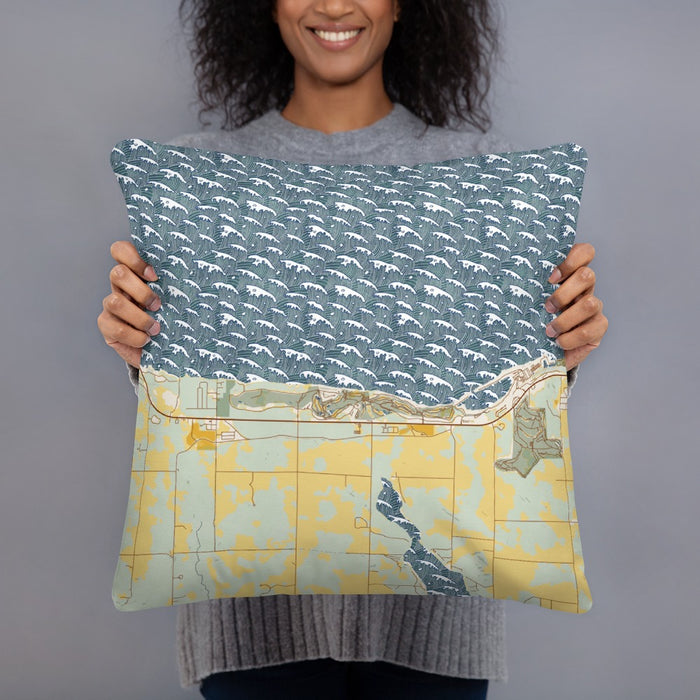 Person holding 18x18 Custom Bay Harbor Michigan Map Throw Pillow in Woodblock