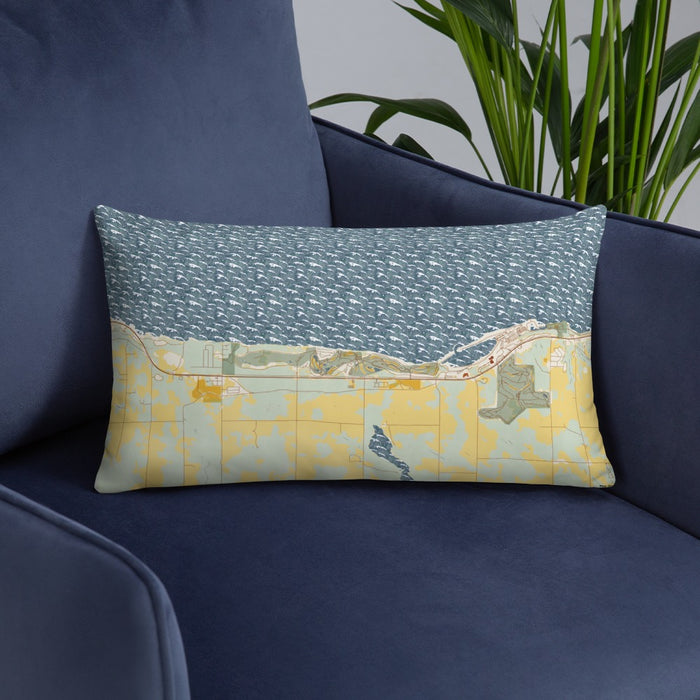 Custom Bay Harbor Michigan Map Throw Pillow in Woodblock on Blue Colored Chair