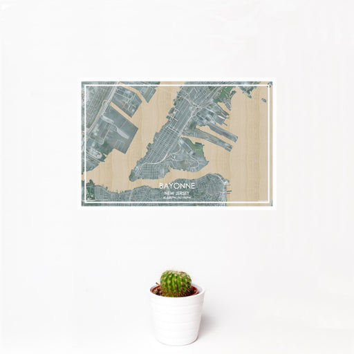 12x18 Bayonne New Jersey Map Print Landscape Orientation in Afternoon Style With Small Cactus Plant in White Planter