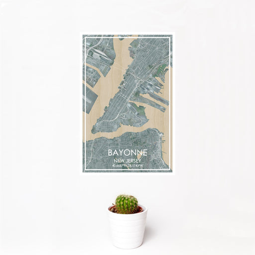 12x18 Bayonne New Jersey Map Print Portrait Orientation in Afternoon Style With Small Cactus Plant in White Planter