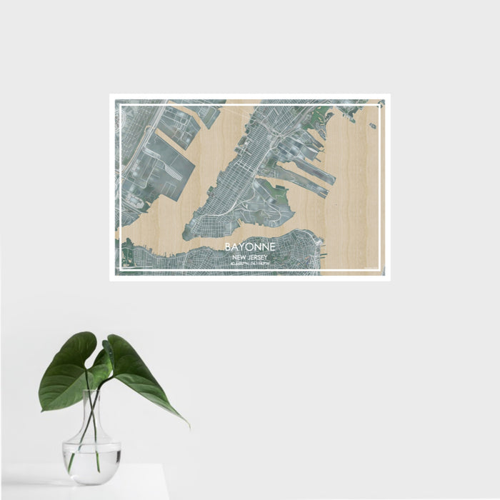 16x24 Bayonne New Jersey Map Print Landscape Orientation in Afternoon Style With Tropical Plant Leaves in Water