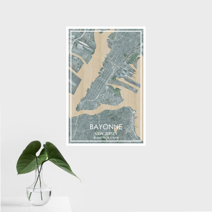 16x24 Bayonne New Jersey Map Print Portrait Orientation in Afternoon Style With Tropical Plant Leaves in Water