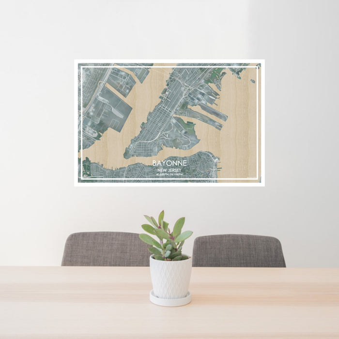 24x36 Bayonne New Jersey Map Print Lanscape Orientation in Afternoon Style Behind 2 Chairs Table and Potted Plant