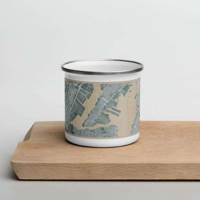 Front View Custom Bayonne New Jersey Map Enamel Mug in Afternoon on Cutting Board