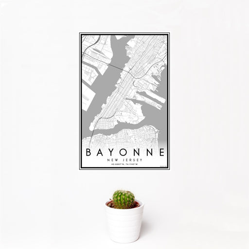 12x18 Bayonne New Jersey Map Print Portrait Orientation in Classic Style With Small Cactus Plant in White Planter