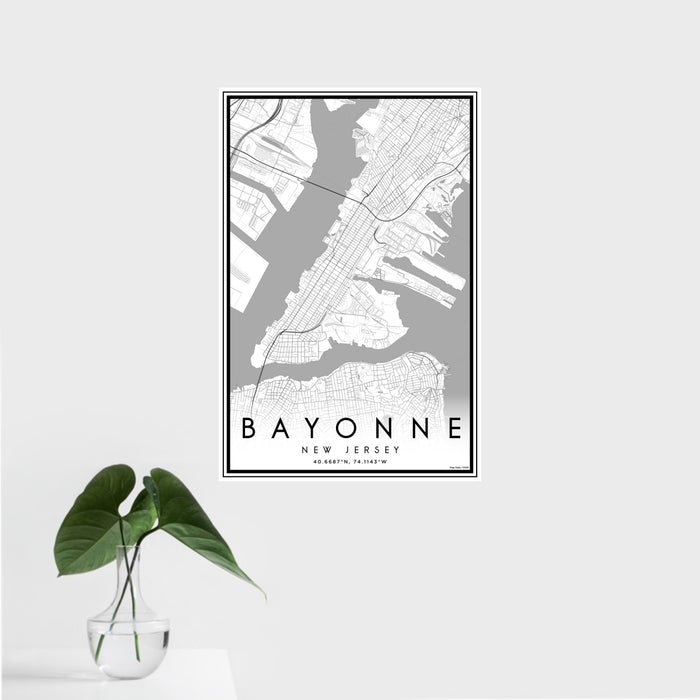 16x24 Bayonne New Jersey Map Print Portrait Orientation in Classic Style With Tropical Plant Leaves in Water