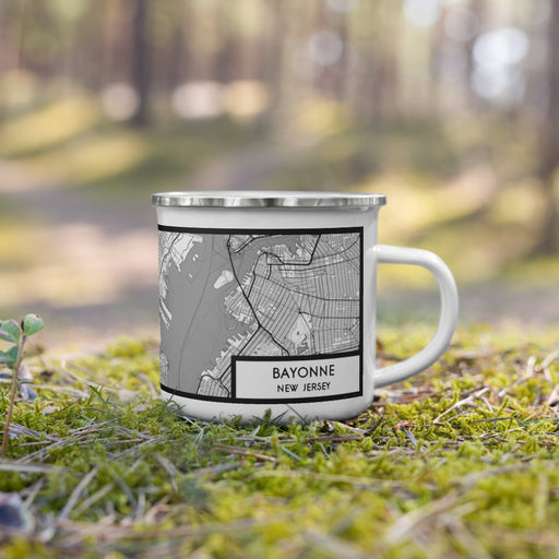 Right View Custom Bayonne New Jersey Map Enamel Mug in Classic on Grass With Trees in Background