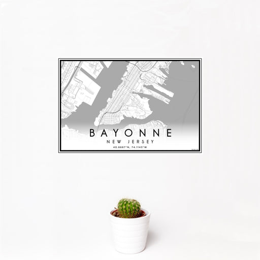 12x18 Bayonne New Jersey Map Print Landscape Orientation in Classic Style With Small Cactus Plant in White Planter