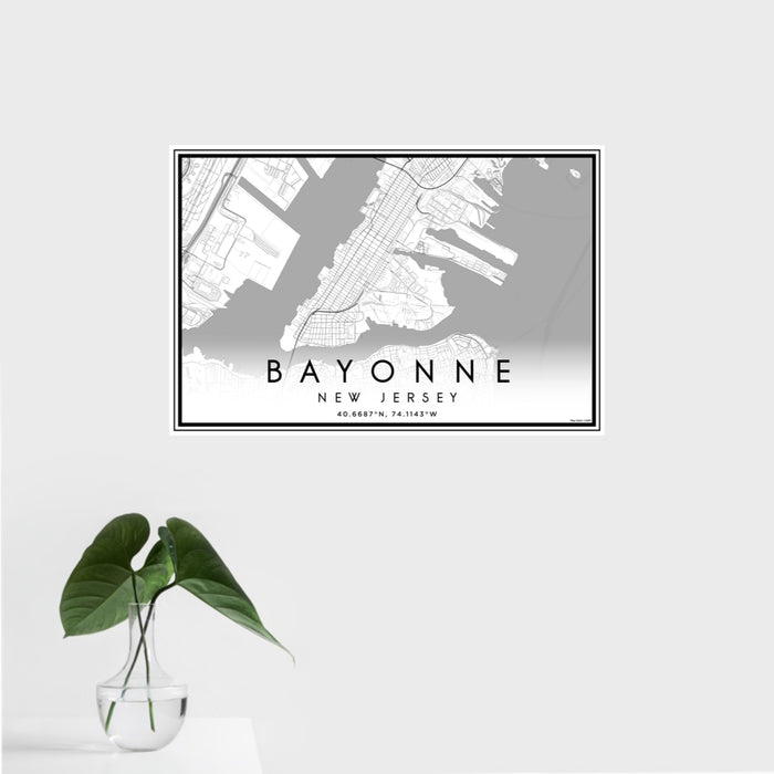 16x24 Bayonne New Jersey Map Print Landscape Orientation in Classic Style With Tropical Plant Leaves in Water