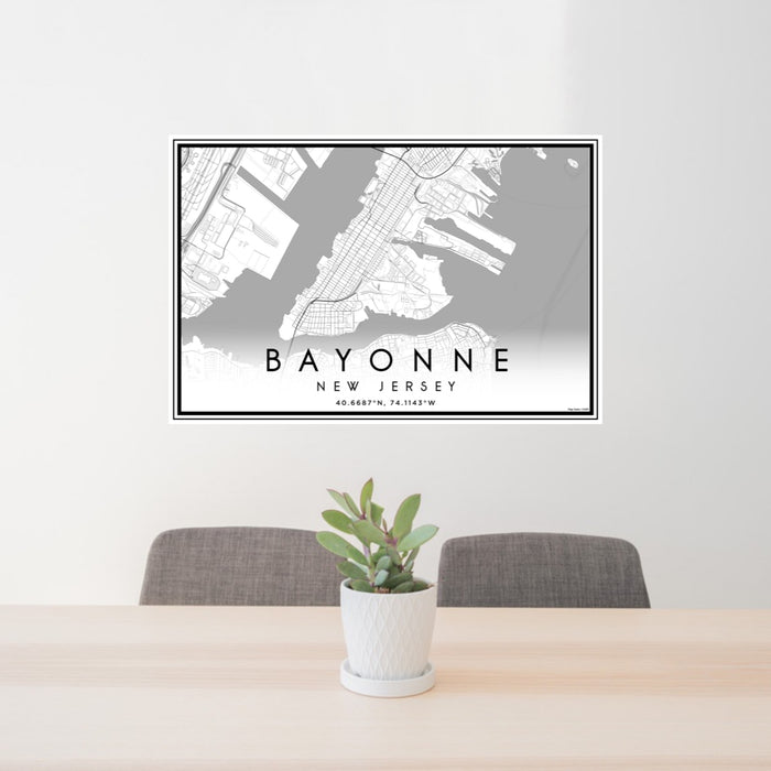 24x36 Bayonne New Jersey Map Print Landscape Orientation in Classic Style Behind 2 Chairs Table and Potted Plant