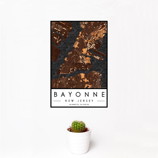 12x18 Bayonne New Jersey Map Print Portrait Orientation in Ember Style With Small Cactus Plant in White Planter