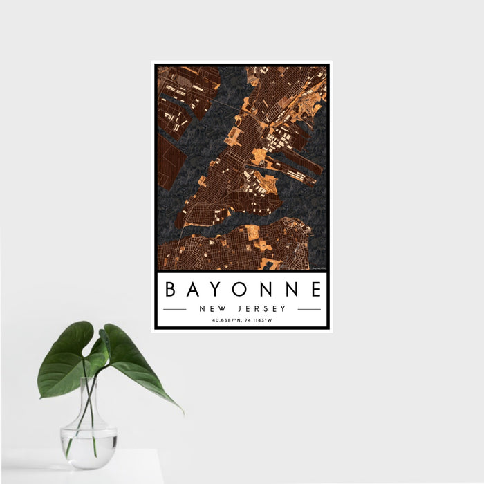 16x24 Bayonne New Jersey Map Print Portrait Orientation in Ember Style With Tropical Plant Leaves in Water