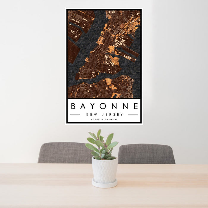 24x36 Bayonne New Jersey Map Print Portrait Orientation in Ember Style Behind 2 Chairs Table and Potted Plant