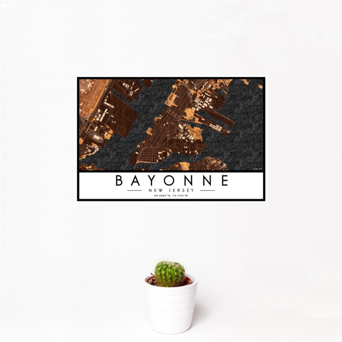 12x18 Bayonne New Jersey Map Print Landscape Orientation in Ember Style With Small Cactus Plant in White Planter