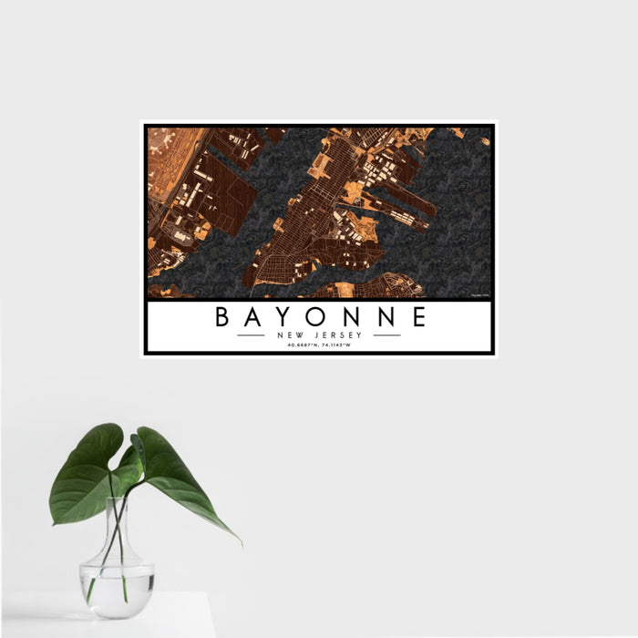 16x24 Bayonne New Jersey Map Print Landscape Orientation in Ember Style With Tropical Plant Leaves in Water