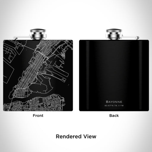 Rendered View of Bayonne New Jersey Map Engraving on 6oz Stainless Steel Flask in Black